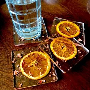 Orange gold clear resin coaster set of 4 for gift / home decor.